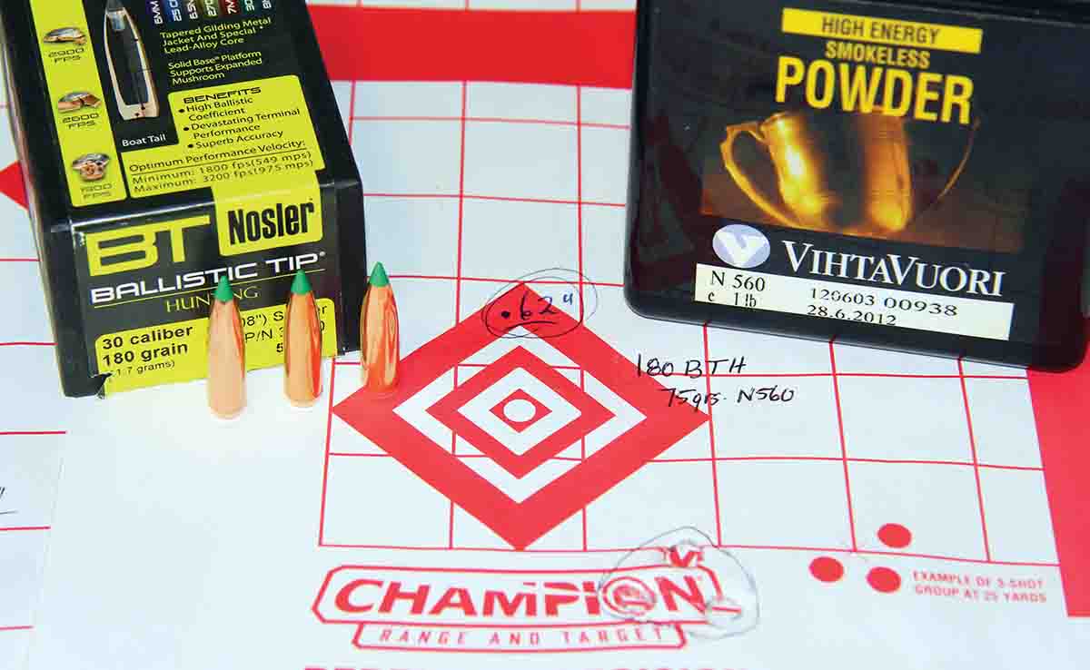 The best handload group of the LR Hunter test involved Nosler’s 180-grain Ballistic Tip Hunting seated over 75 grains of Vihtavuori N560, producing a .62-inch group sent at 2,963 fps and it included a very low-extreme velocity spread.